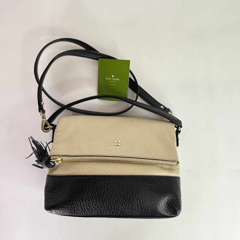 Kate Spade Crossbody Bag Womens Small Black Beige Pebbled Leather Tassel Purse